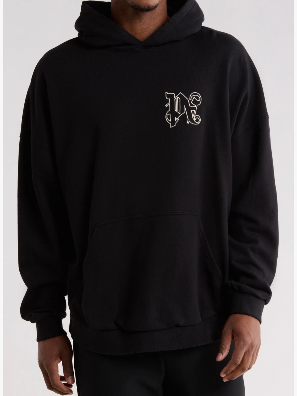 Palm Angels Black Hoodie with White Gothic Logo Tag